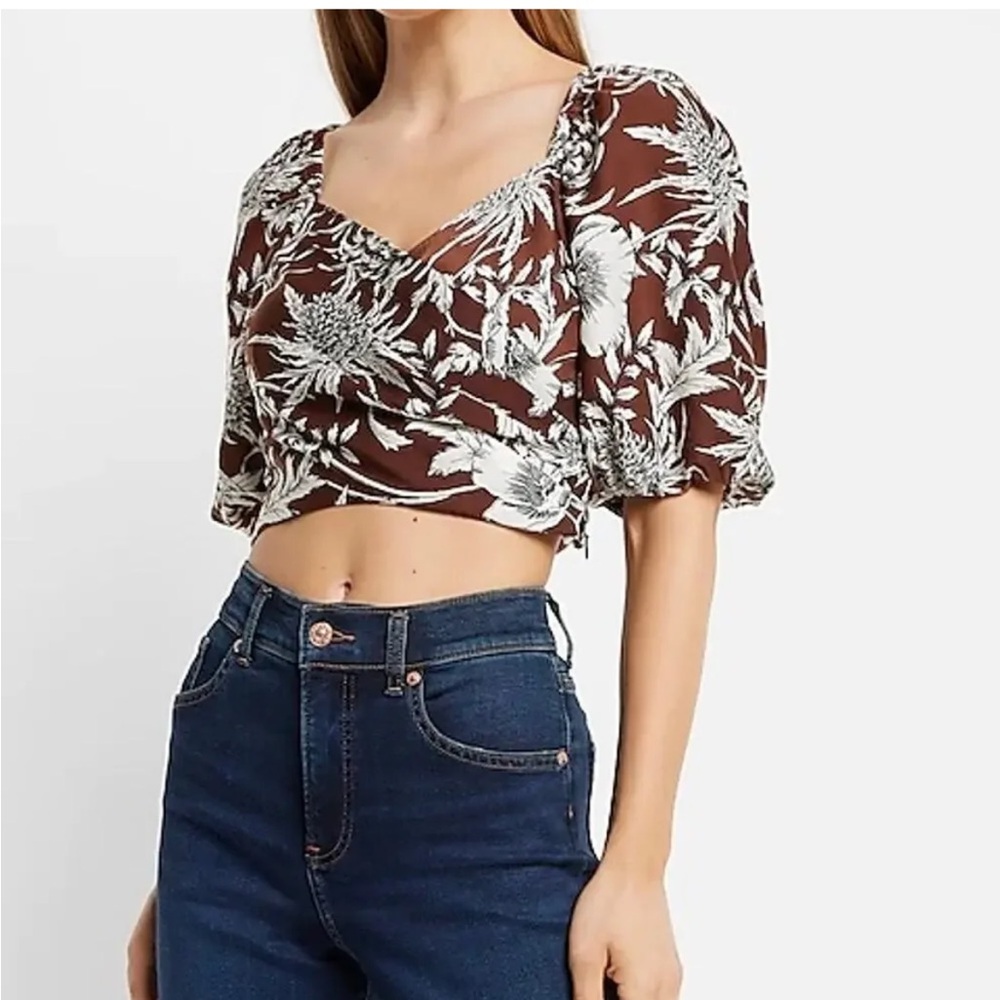 Express Brown Floral Puff-Sleeve Crop Top